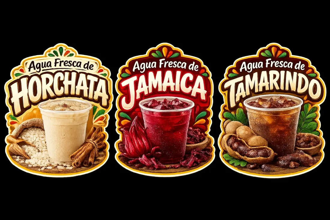 Aguas frescas de horchata, jamaica y tamarindo