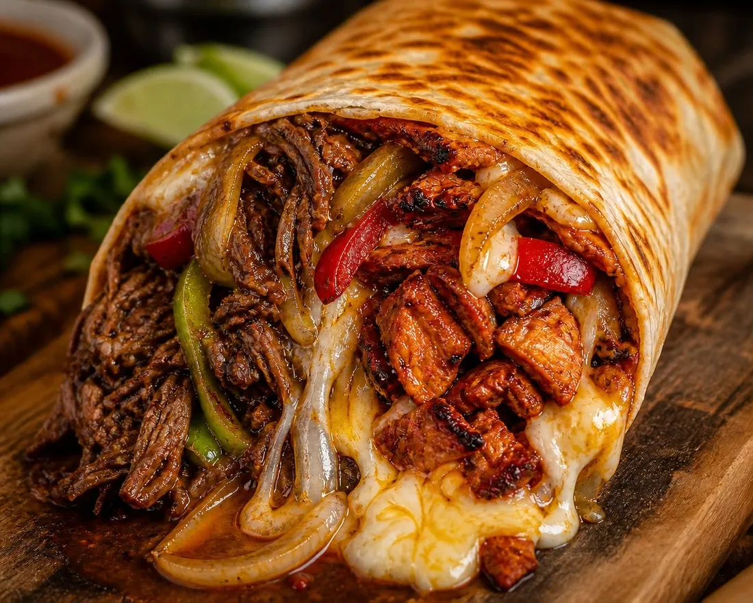 Burro tostado relleno de carne, queso fundido y pimentón