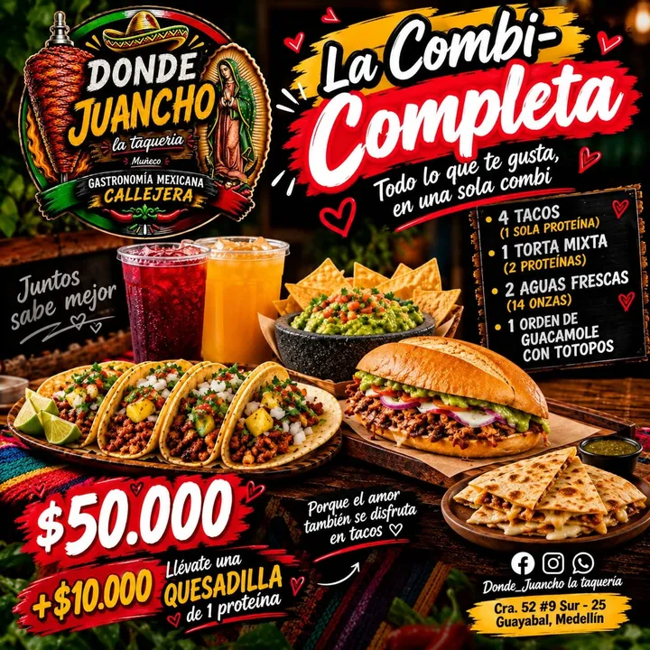 La Combi completa de Donde Juancho: 4 tacos, 1 torta mixta, 2 aguas frescas y guacamole con totopos por $50.000